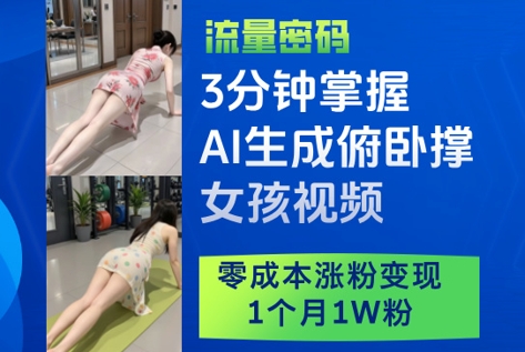 3分钟掌握AI生成俯卧撑女孩视频，零成本涨粉变现，1个月1W粉-蜜桃网创