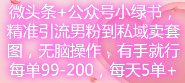 微头条+公众号小绿书，精准引流男粉到私域卖套图，无脑操作，有手就行，每单99-200，每天5单-蜜桃网创