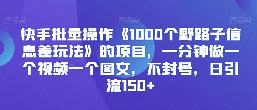 快手批量操作《1000个野路子信息差玩法》的项目，一分钟做一个视频一个图文，不封号，日引流150+【揭秘】-蜜桃网创