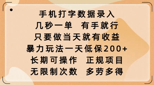 手机打字数据录入，几秒一单，有手就行，只要做当天就有收益，暴力玩法一天低保2张-蜜桃网创