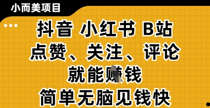 小而美的项目，抖音小红书B站视频点赞、关注、评论就能挣钱，简单无脑立见收益，妥妥的零撸项目【揭秘】-蜜桃网创